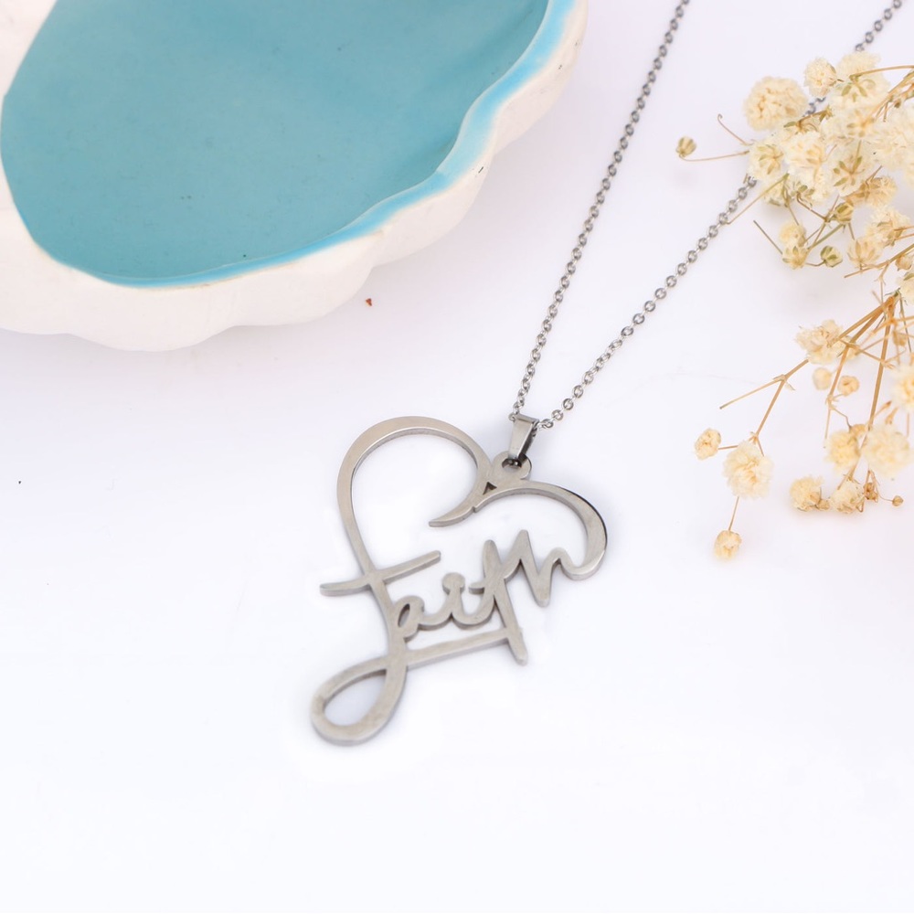 New Silver Stainless Steel Christian Faith Cursive Heart Minimalist Necklace - Picture 11 of 15